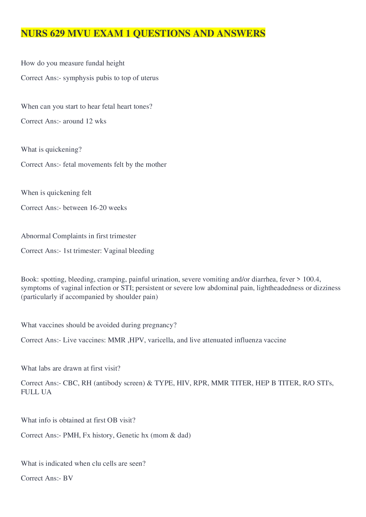 Preview of NURS 629 MVU EXAM 1 QUESTIONS AND ANSWERS
